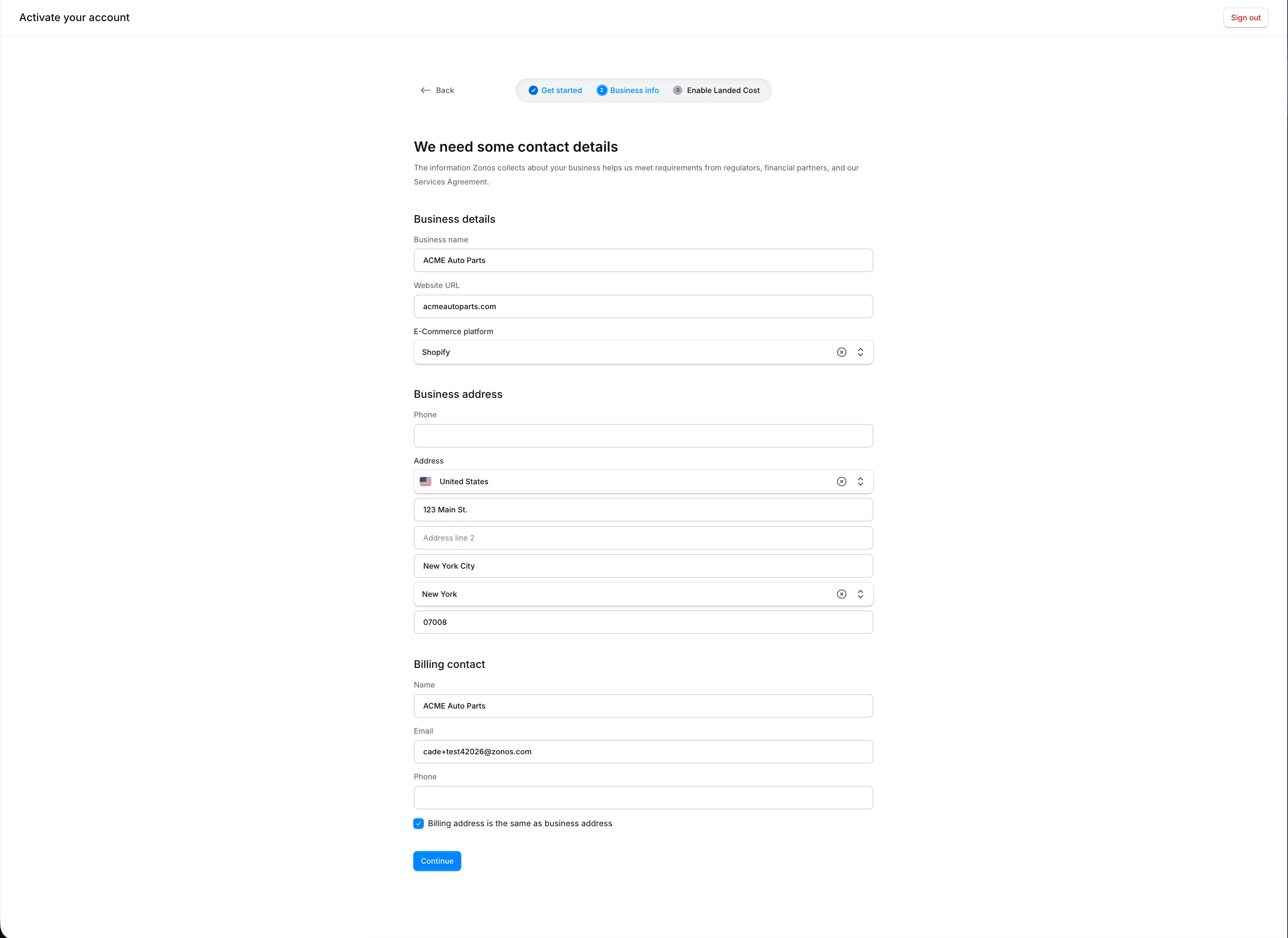 Wizard step with business details, address, and billing contact pre-filled from Shopify