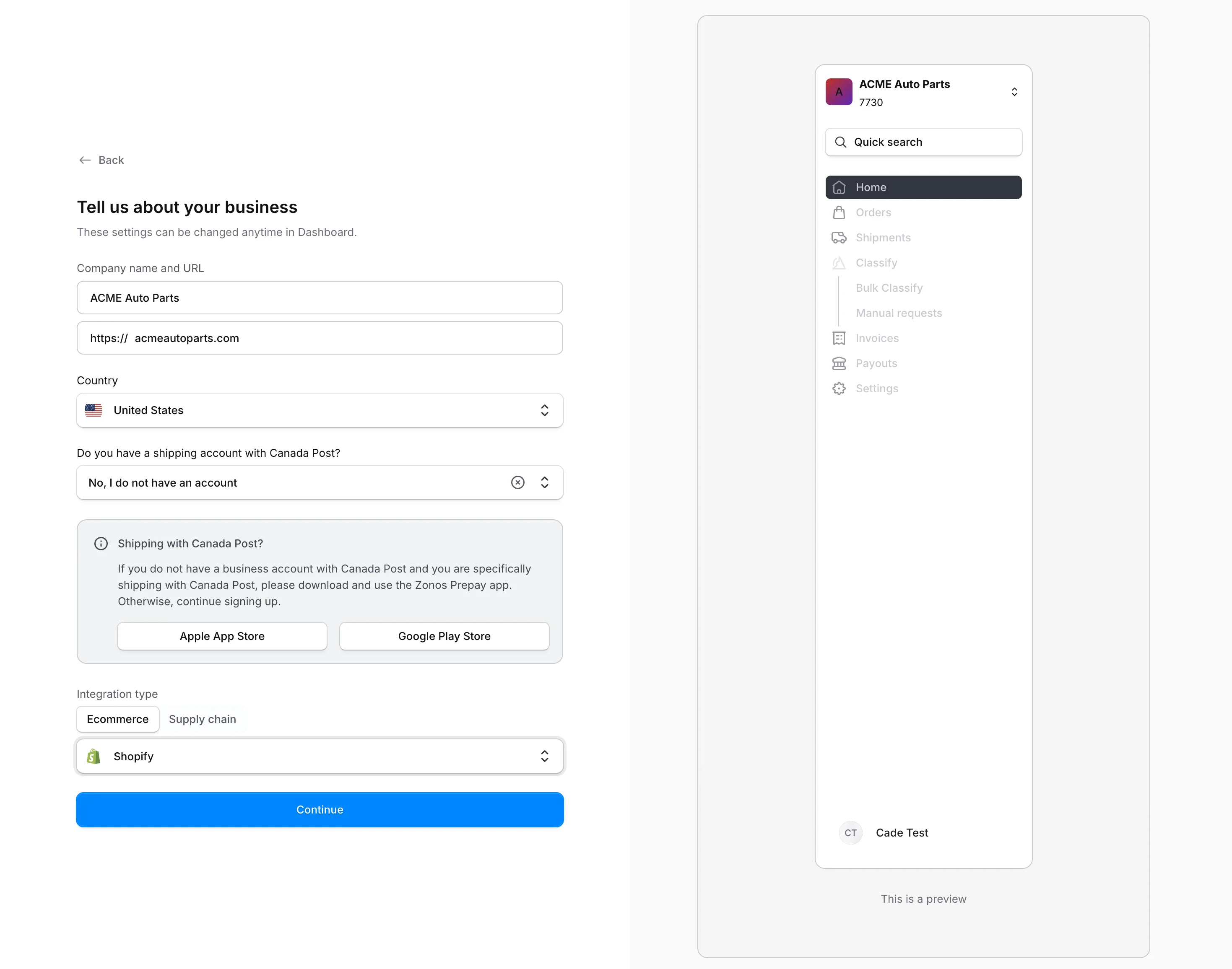 Zonos account registration with Shopify selected as the platform